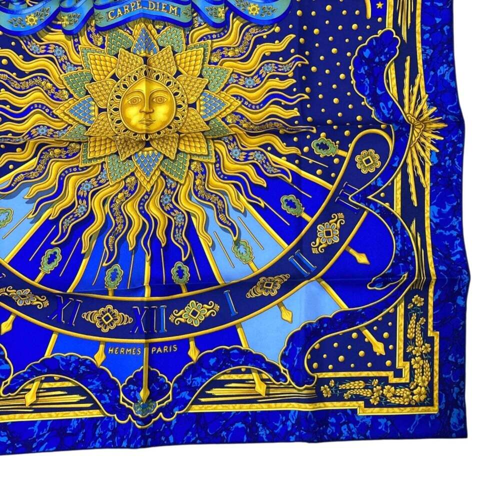 HERMES Carre 90 CARPE DIEM Enjoy Today Silk Scarf Stole Blue x Multicolor Wom... - Picture 9 of 11